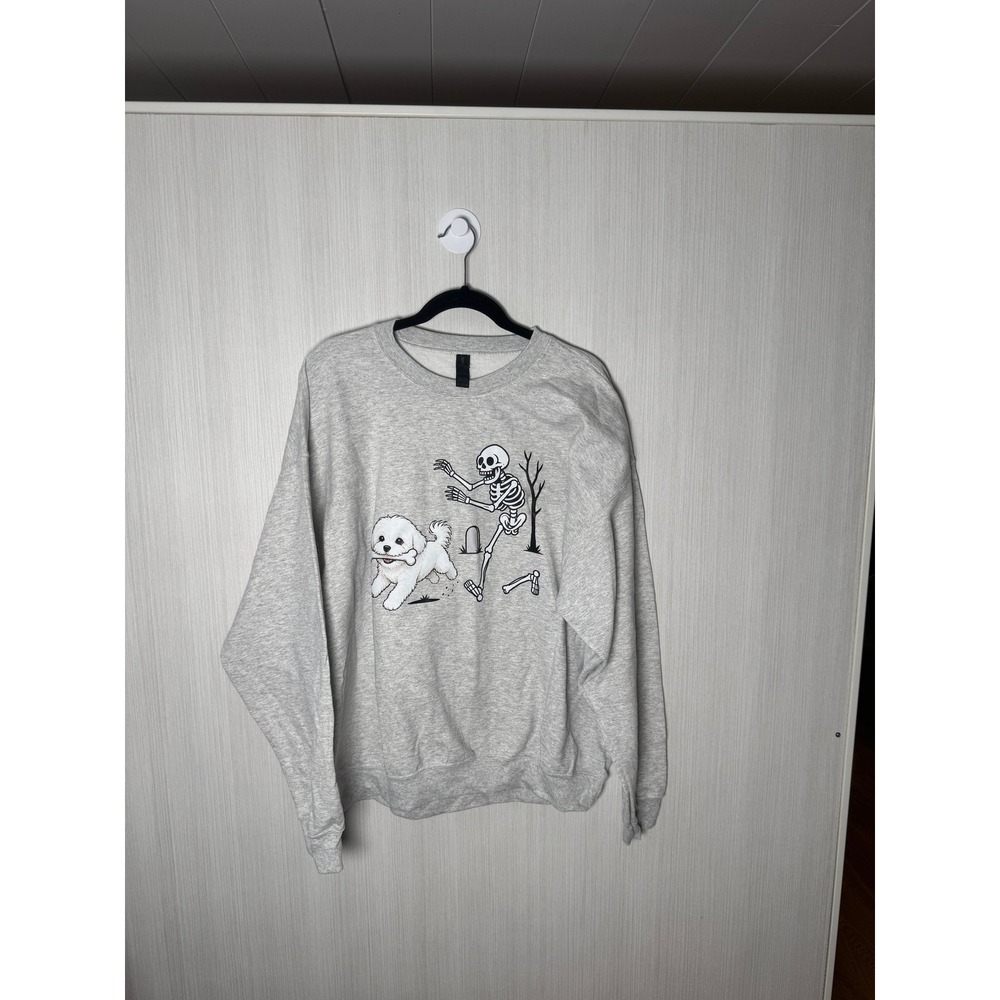 New | Funny Halloween, Skeleton Chasing Dog Sweatshirt | Size XL | Grey